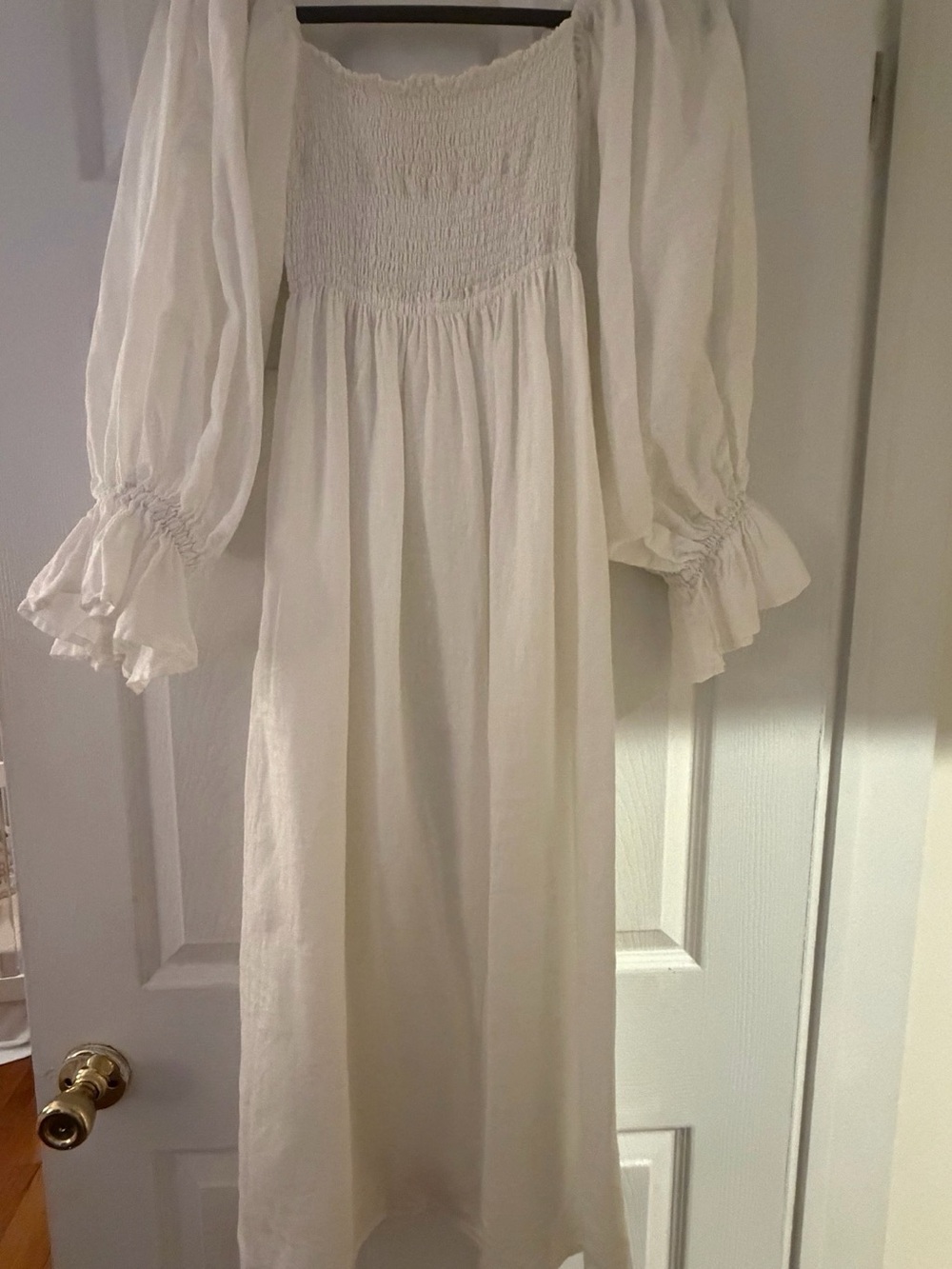 SLEEPER White Linen Smocked Midi Dress Size S | Puff Sleeves | Cottagecore